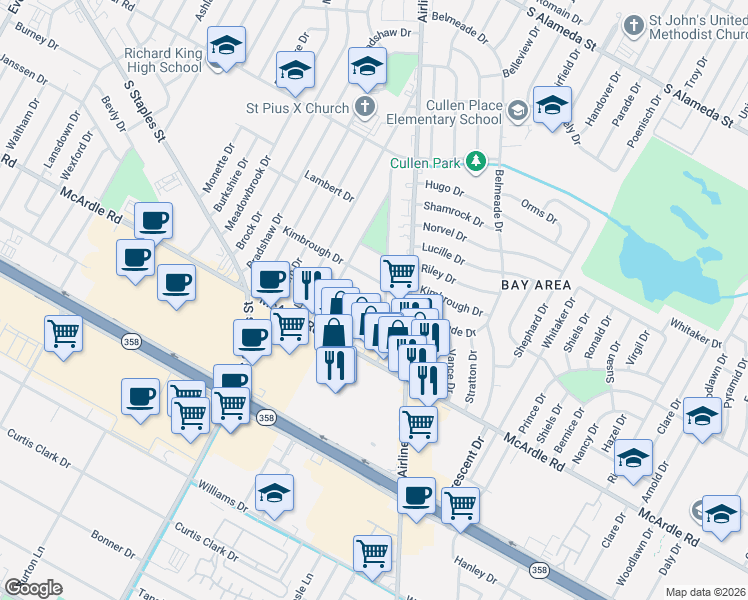 map of restaurants, bars, coffee shops, grocery stores, and more near 1118 Dorthy Drive in Corpus Christi