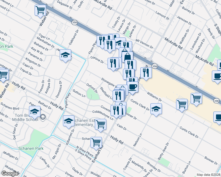 map of restaurants, bars, coffee shops, grocery stores, and more near 4618 Sheffield Lane in Corpus Christi