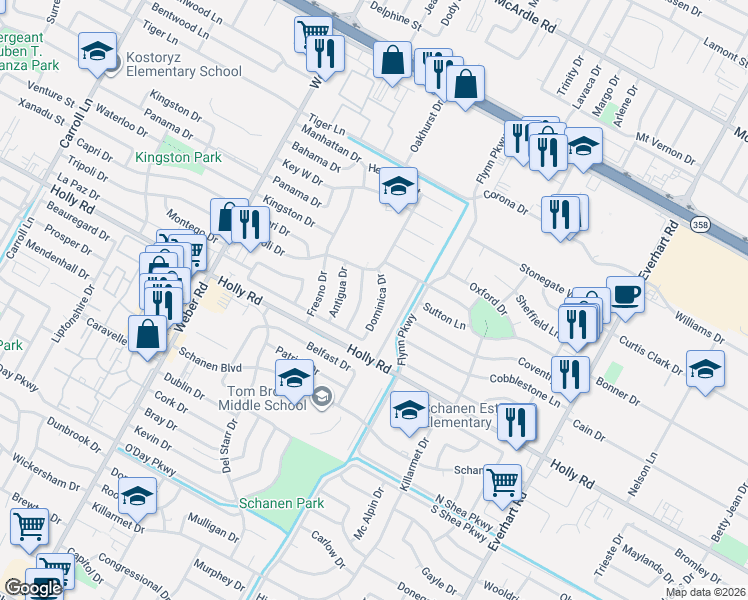 map of restaurants, bars, coffee shops, grocery stores, and more near 5630 Martinique Drive in Corpus Christi