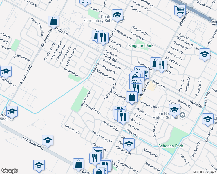 map of restaurants, bars, coffee shops, grocery stores, and more near 5834 Liptonshire Drive in Corpus Christi