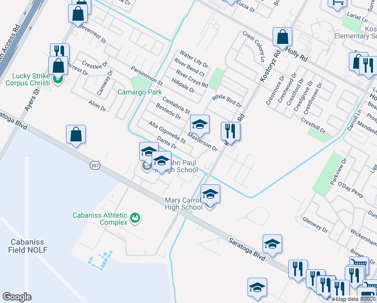 map of restaurants, bars, coffee shops, grocery stores, and more near 6217 Muntanya Street in Corpus Christi