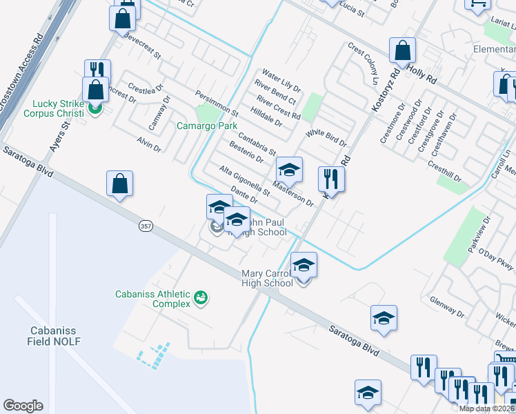 map of restaurants, bars, coffee shops, grocery stores, and more near 3109 Dante Drive in Corpus Christi