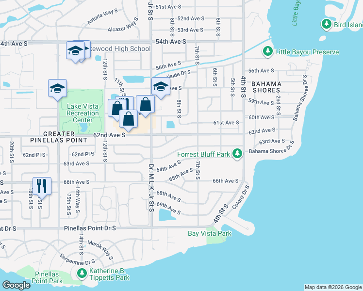 map of restaurants, bars, coffee shops, grocery stores, and more near 745 63rd Avenue South in Saint Petersburg