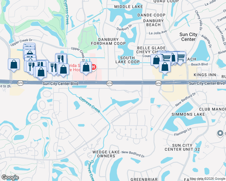 map of restaurants, bars, coffee shops, grocery stores, and more near 2075 Clubhouse Drive in Sun City Center