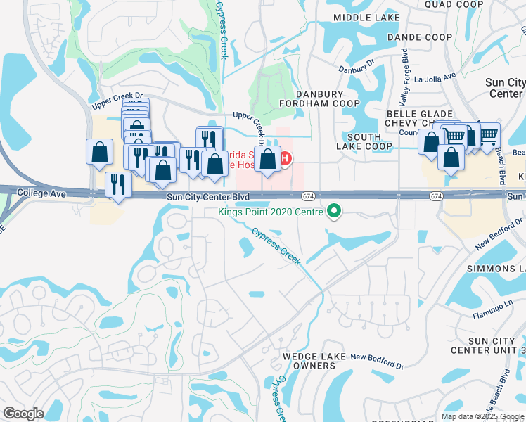 map of restaurants, bars, coffee shops, grocery stores, and more near 2202 Clubhouse Drive in Sun City Center