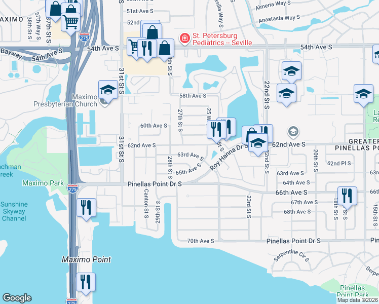 map of restaurants, bars, coffee shops, grocery stores, and more near 2650 63rd Avenue South in St. Petersburg