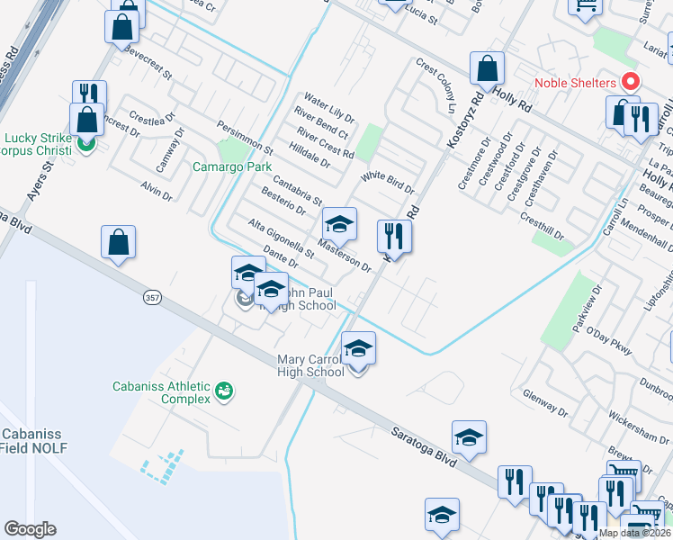 map of restaurants, bars, coffee shops, grocery stores, and more near 6217 Muntanya Street in Corpus Christi