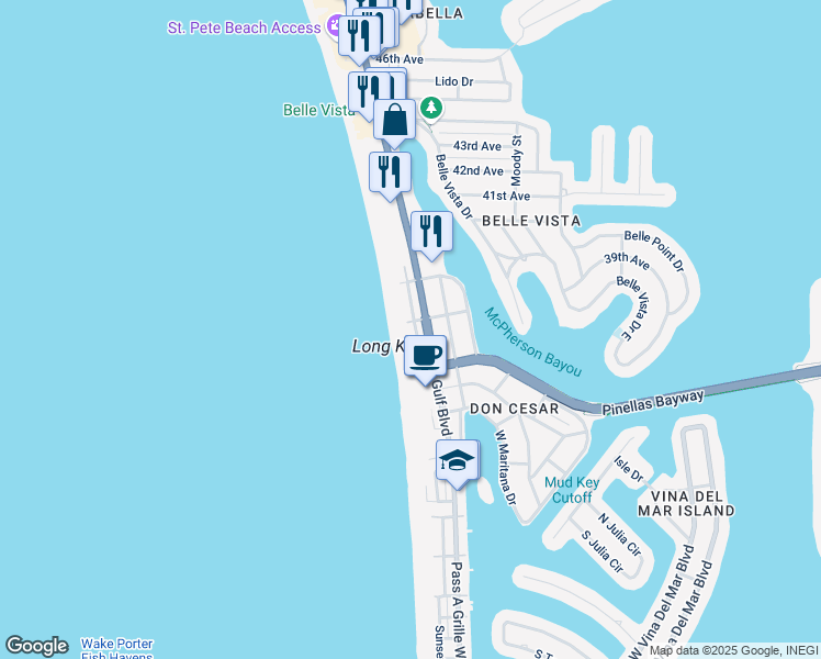 map of restaurants, bars, coffee shops, grocery stores, and more near 3516 El Centro Street in St. Pete Beach