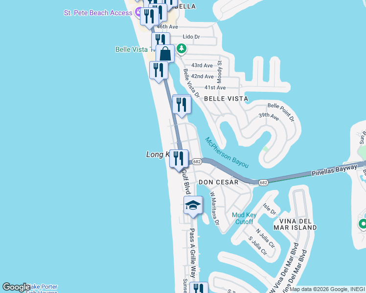 map of restaurants, bars, coffee shops, grocery stores, and more near 3575 Gulf Boulevard in St. Pete Beach