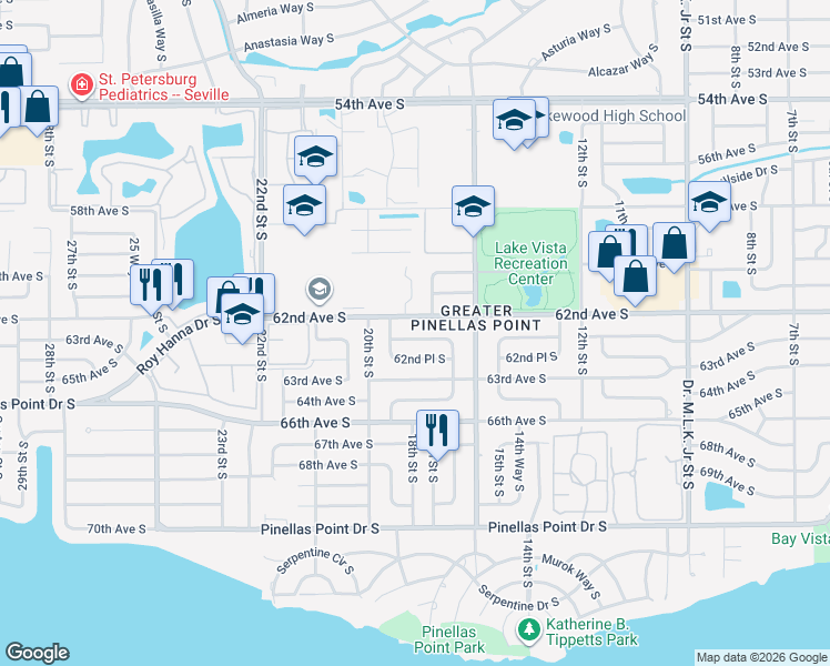 map of restaurants, bars, coffee shops, grocery stores, and more near 1862 62nd Terrace South in St. Petersburg