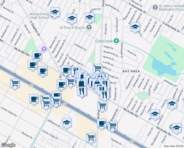map of restaurants, bars, coffee shops, grocery stores, and more near 1118 Dorthy Drive in Corpus Christi