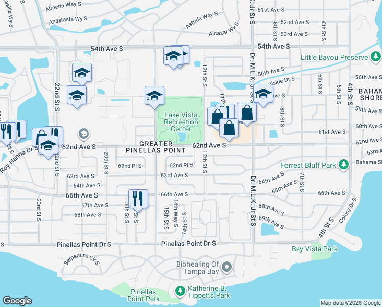 map of restaurants, bars, coffee shops, grocery stores, and more near 1301 62nd Place South in St. Petersburg