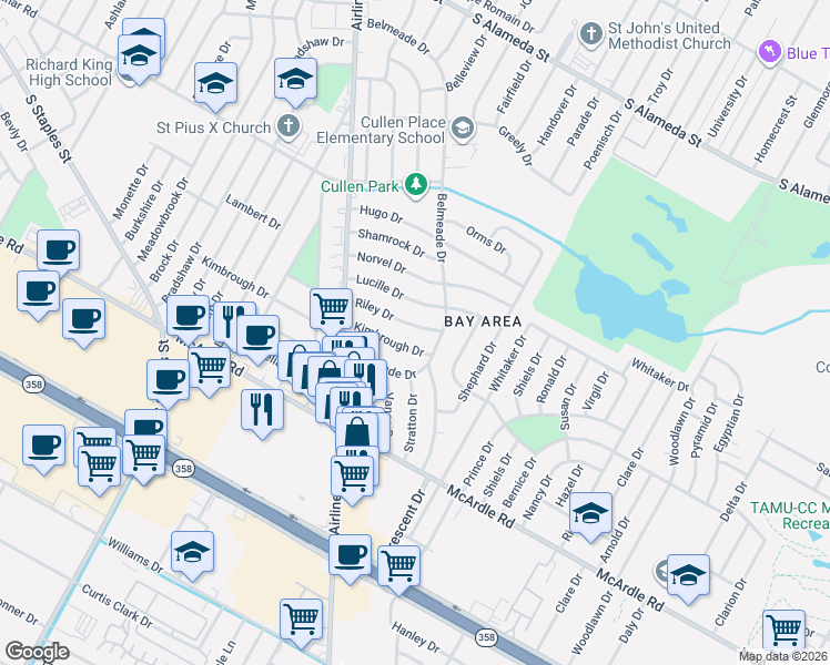 map of restaurants, bars, coffee shops, grocery stores, and more near 5938 Kimbrough Drive in Corpus Christi