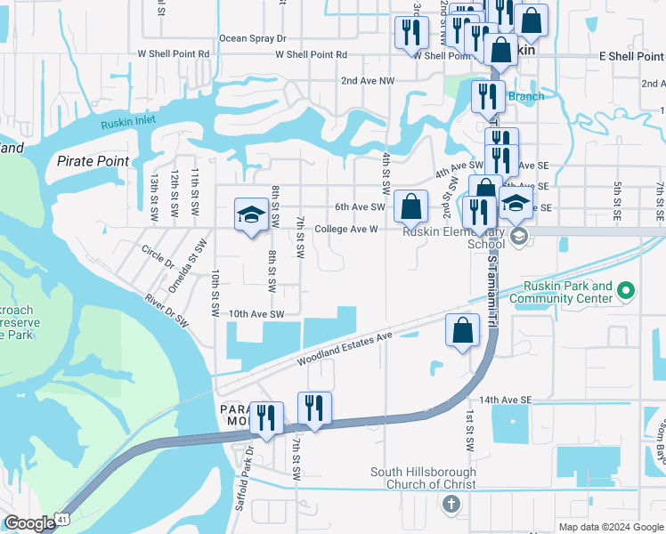 map of restaurants, bars, coffee shops, grocery stores, and more near 722 Oceanside Circle in Ruskin