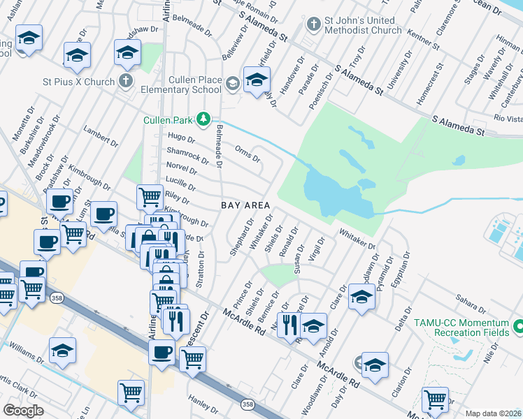 map of restaurants, bars, coffee shops, grocery stores, and more near 966 Shephard Drive in Corpus Christi