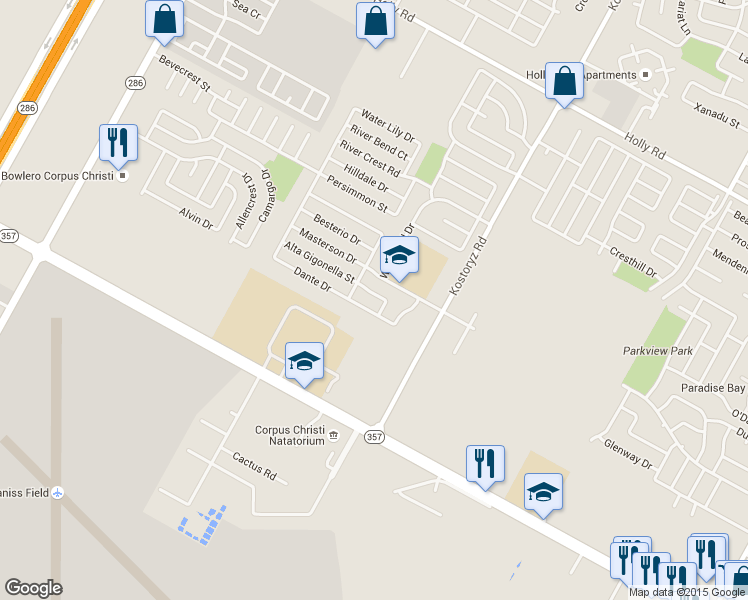 map of restaurants, bars, coffee shops, grocery stores, and more near 3121 Alta Gigonella Street in Corpus Christi