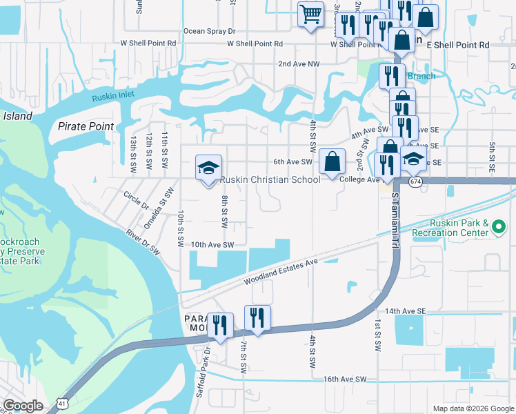 map of restaurants, bars, coffee shops, grocery stores, and more near 709 Oceanside Circle in Ruskin