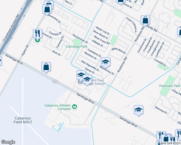 map of restaurants, bars, coffee shops, grocery stores, and more near 3109 Dante Drive in Corpus Christi