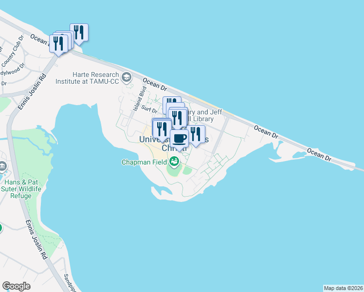 map of restaurants, bars, coffee shops, grocery stores, and more near 6300 Ocean Drive in Corpus Christi