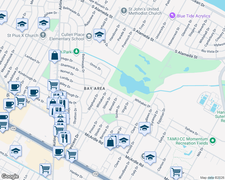 map of restaurants, bars, coffee shops, grocery stores, and more near 906 Shiels Drive in Corpus Christi