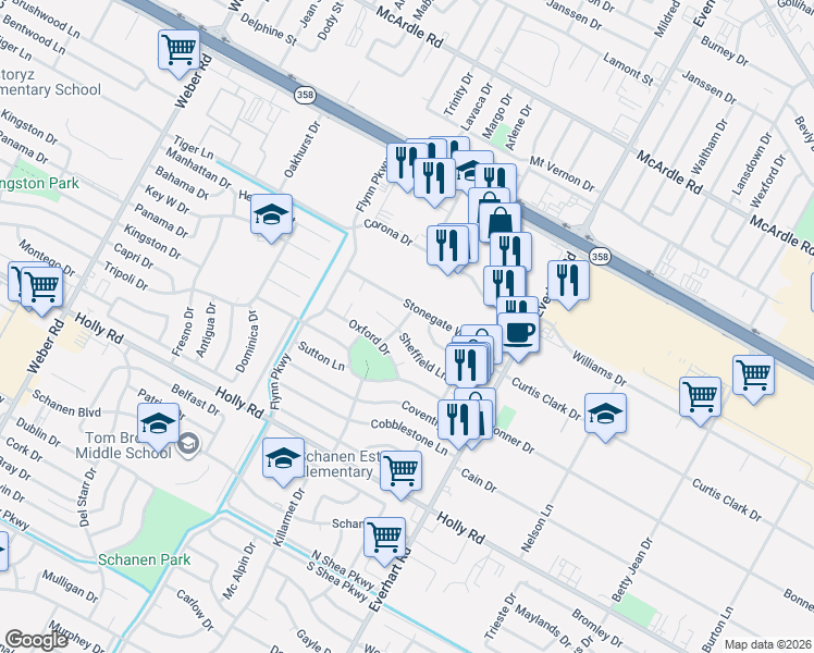 map of restaurants, bars, coffee shops, grocery stores, and more near 4618 Sheffield Lane in Corpus Christi