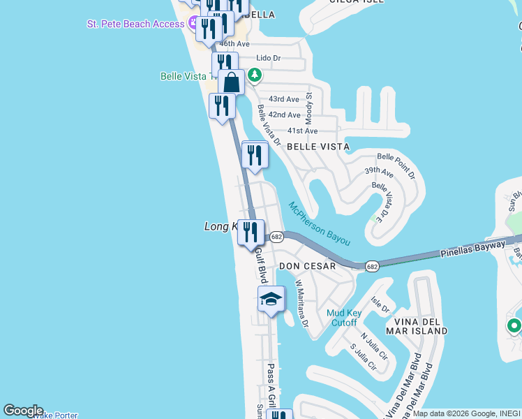 map of restaurants, bars, coffee shops, grocery stores, and more near 3511 Gulf Boulevard in St. Pete Beach