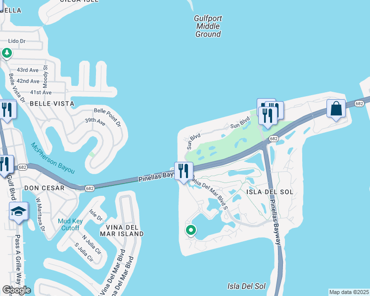 map of restaurants, bars, coffee shops, grocery stores, and more near 6265 Sun Boulevard in St. Petersburg