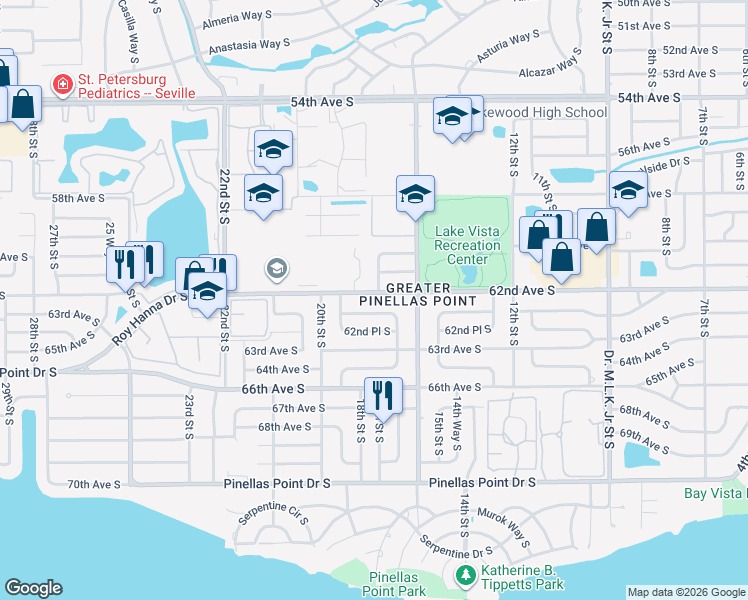 map of restaurants, bars, coffee shops, grocery stores, and more near 6100 17th Street South in St. Petersburg