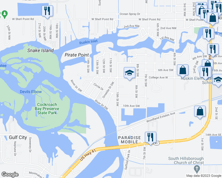 map of restaurants, bars, coffee shops, grocery stores, and more near 726 Ornelda Street Southwest in Ruskin