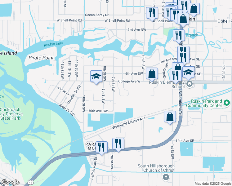 map of restaurants, bars, coffee shops, grocery stores, and more near 618 College Avenue West in Ruskin