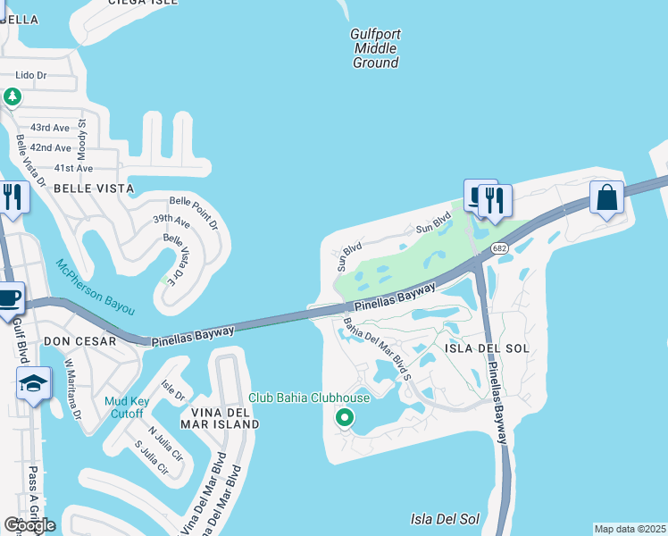 map of restaurants, bars, coffee shops, grocery stores, and more near 6265 Sun Boulevard in St. Petersburg
