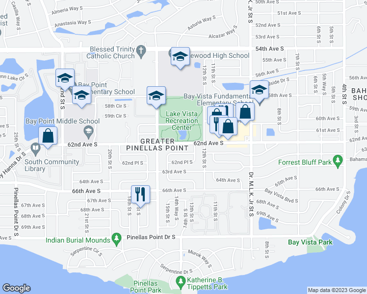 map of restaurants, bars, coffee shops, grocery stores, and more near 1450 60th Avenue South in St. Petersburg