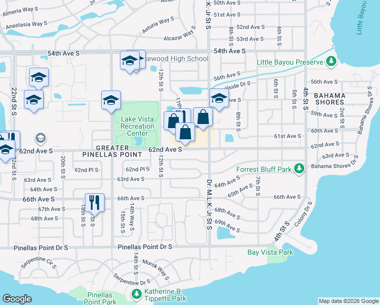 map of restaurants, bars, coffee shops, grocery stores, and more near 1008 62nd Avenue South in Saint Petersburg