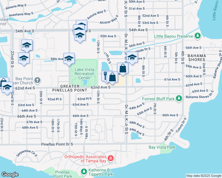 map of restaurants, bars, coffee shops, grocery stores, and more near 1049 62nd Avenue South in St. Petersburg