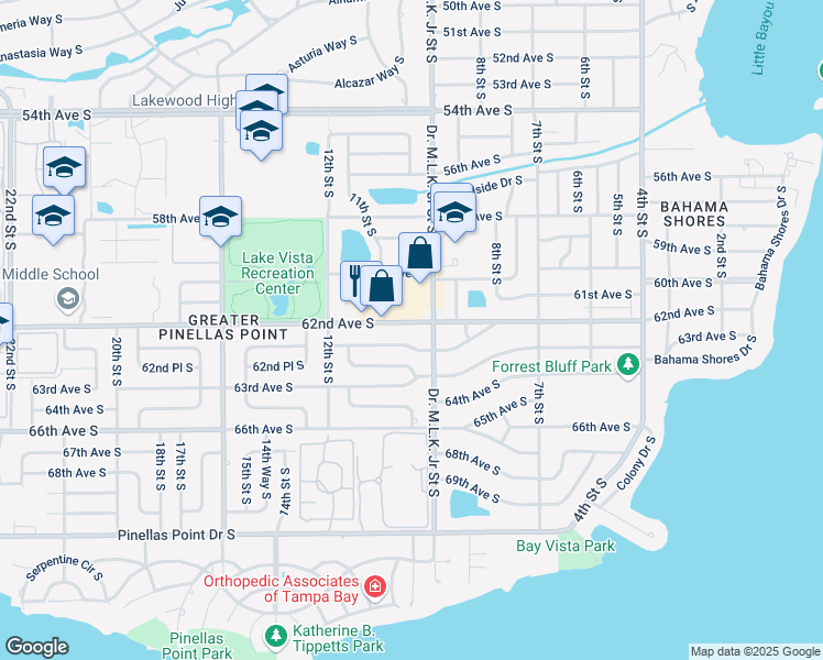 map of restaurants, bars, coffee shops, grocery stores, and more near 920 62nd Avenue South in St. Petersburg