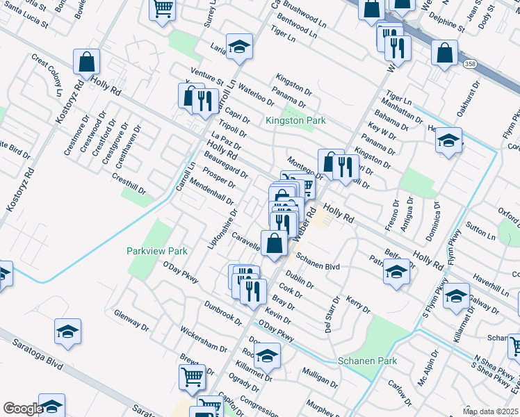 map of restaurants, bars, coffee shops, grocery stores, and more near 3733 Prosper Drive in Corpus Christi