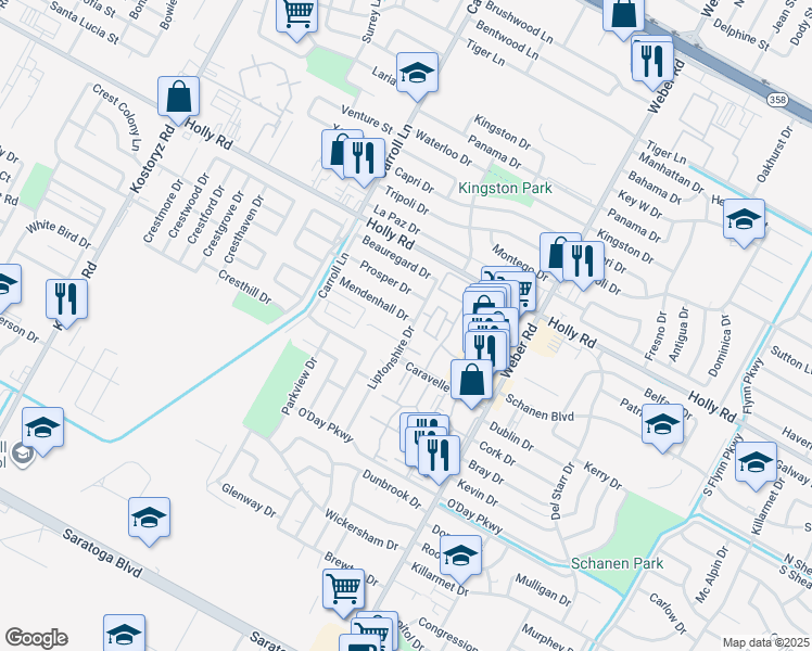 map of restaurants, bars, coffee shops, grocery stores, and more near 3722 Mendenhall Drive in Corpus Christi
