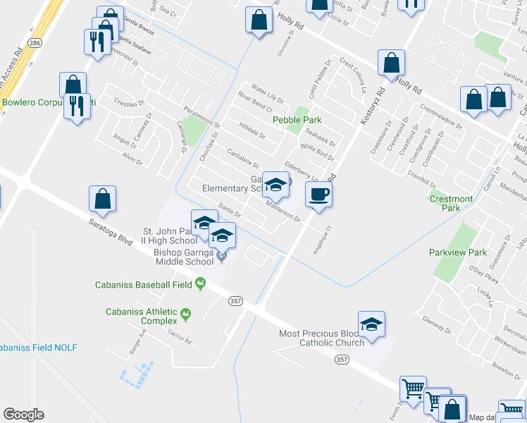map of restaurants, bars, coffee shops, grocery stores, and more near 2902 White Bird Drive in Corpus Christi