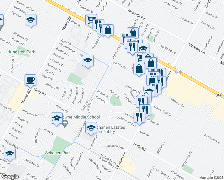 map of restaurants, bars, coffee shops, grocery stores, and more near 4422 Oxford Drive in Corpus Christi