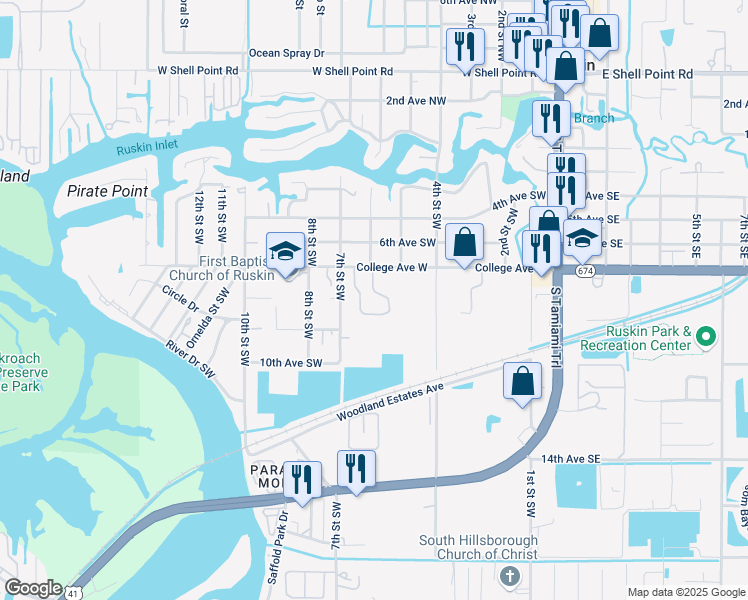 map of restaurants, bars, coffee shops, grocery stores, and more near 512 College Avenue West in Ruskin