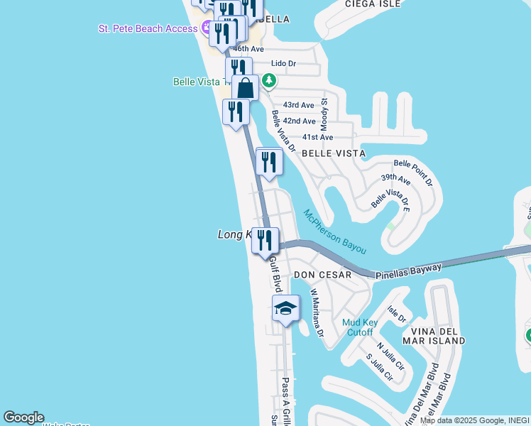 map of restaurants, bars, coffee shops, grocery stores, and more near 3610 Casablanca Avenue in St. Pete Beach