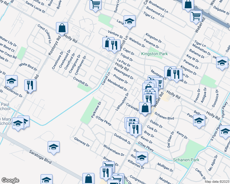 map of restaurants, bars, coffee shops, grocery stores, and more near 3622 Crestbrook Court in Corpus Christi