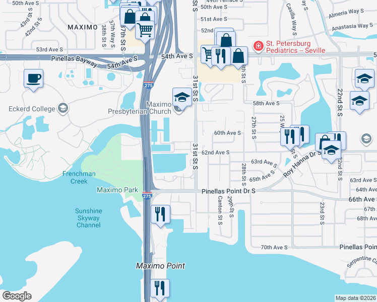 map of restaurants, bars, coffee shops, grocery stores, and more near 6124 Marina Cove Way South in St. Petersburg