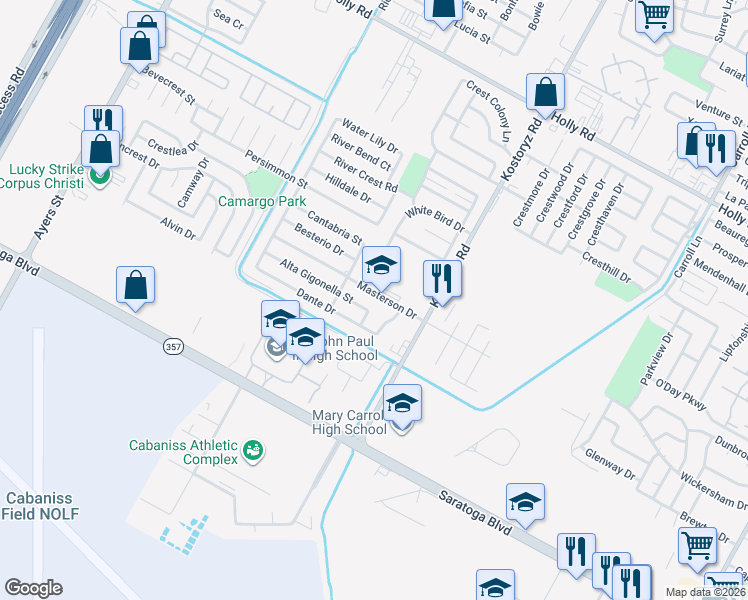 map of restaurants, bars, coffee shops, grocery stores, and more near 2902 White Bird Drive in Corpus Christi