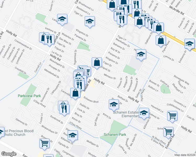 map of restaurants, bars, coffee shops, grocery stores, and more near 5656 Weber Road in Corpus Christi