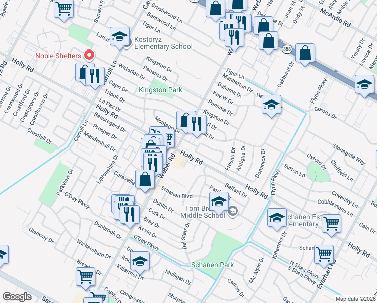 map of restaurants, bars, coffee shops, grocery stores, and more near 5656 Weber Road in Corpus Christi