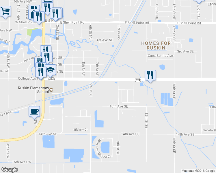 map of restaurants, bars, coffee shops, grocery stores, and more near 805 College Avenue West in Ruskin