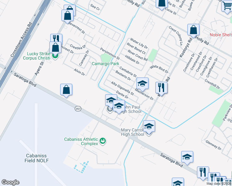 map of restaurants, bars, coffee shops, grocery stores, and more near 3002 Dante Drive in Corpus Christi