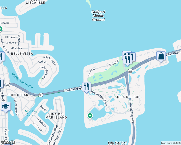 map of restaurants, bars, coffee shops, grocery stores, and more near 6210 Sun Boulevard in St. Petersburg