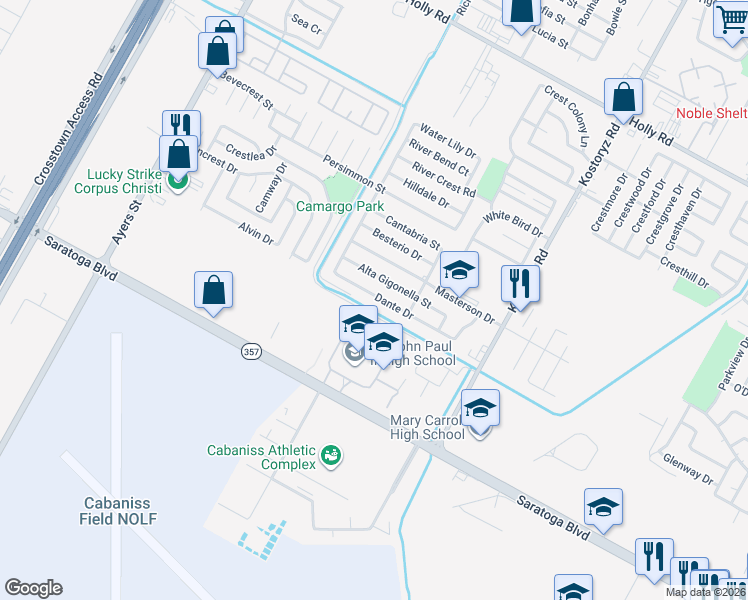 map of restaurants, bars, coffee shops, grocery stores, and more near 3002 Dante Drive in Corpus Christi
